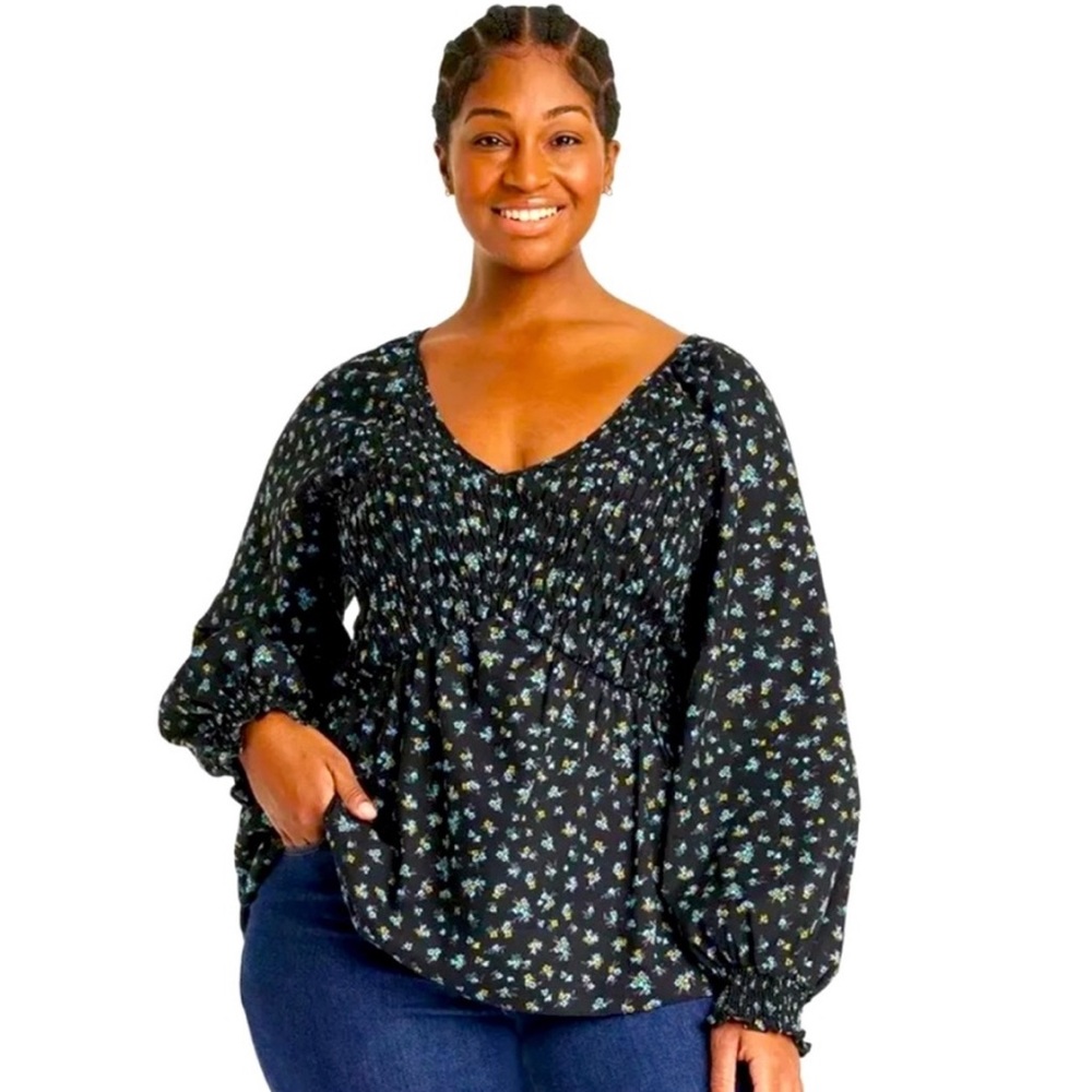 Ava & Viv Black Floral Smocked Peplum Blouse